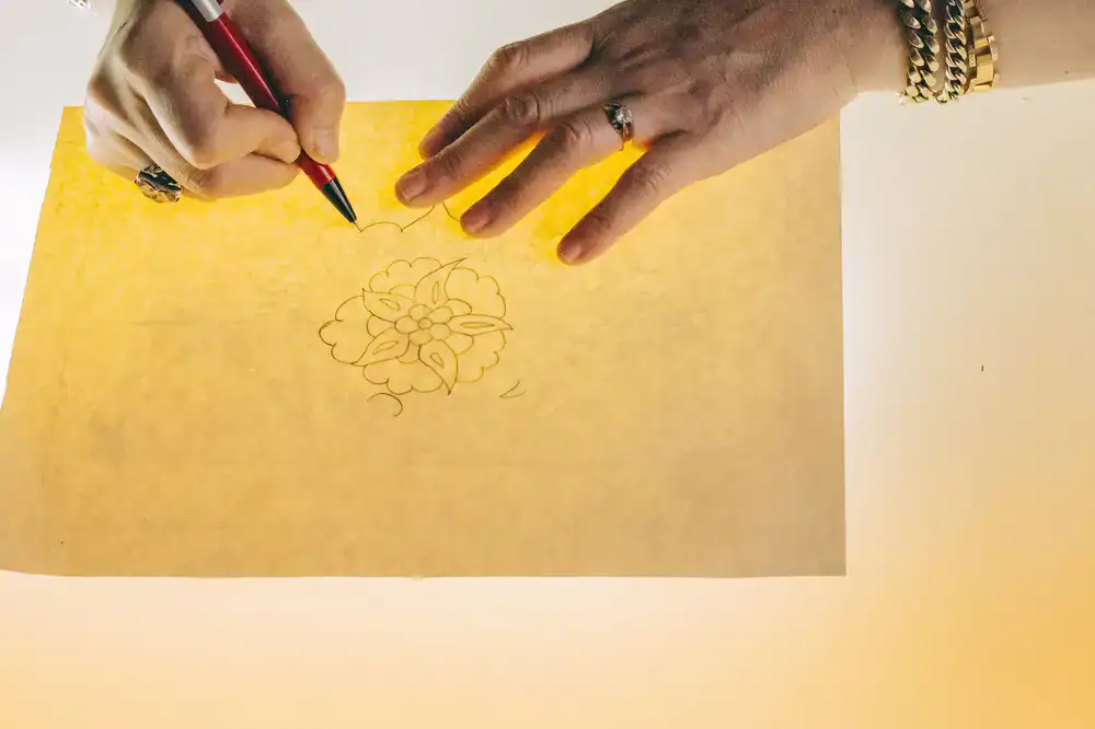 Detailed hand-drawn sketch of a custom ring design